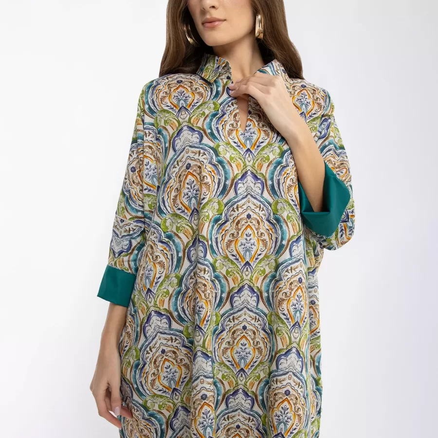 Sapphire - Collared Printed Cotton Kaftan - Image 3
