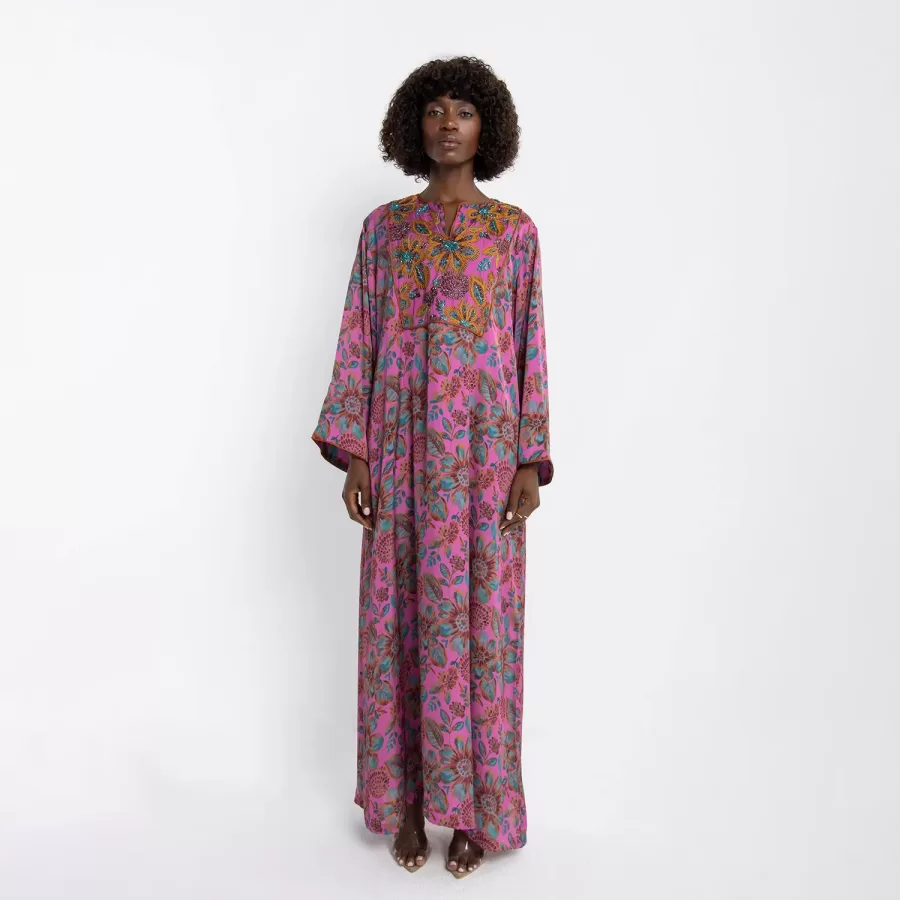 Quartz Lux - Printed Satin Jalabiya with Embroidery