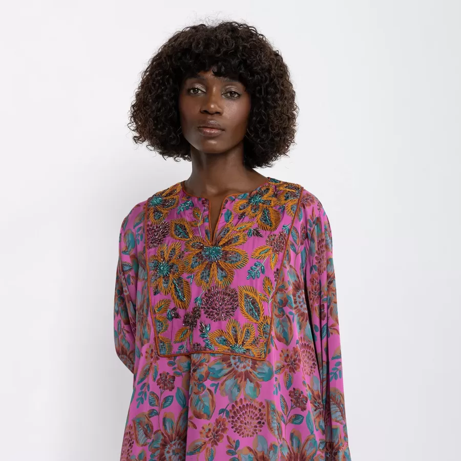 Quartz Lux - Printed Satin Jalabiya with Embroidery