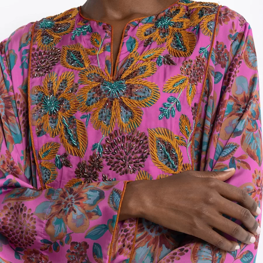 Quartz Lux - Printed Satin Jalabiya with Embroidery