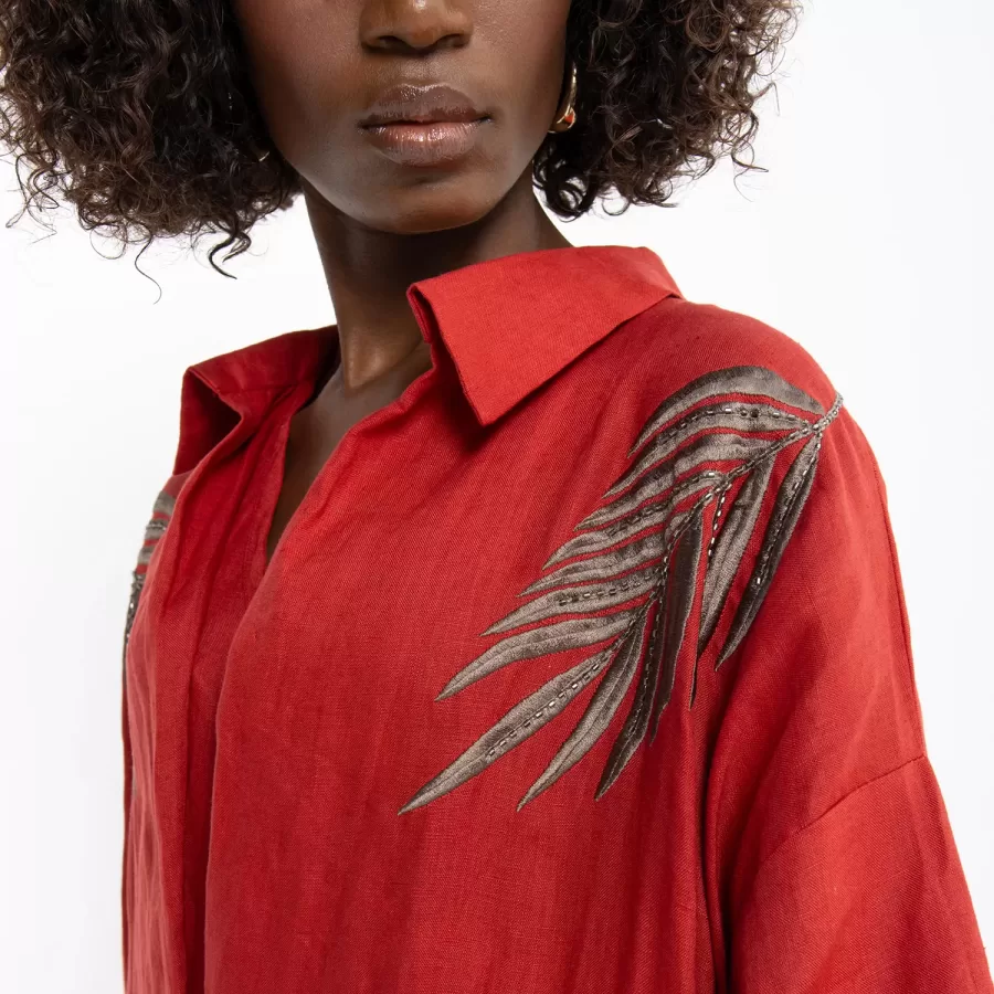 North - Embroidered Linen Collared Dress - Image 3