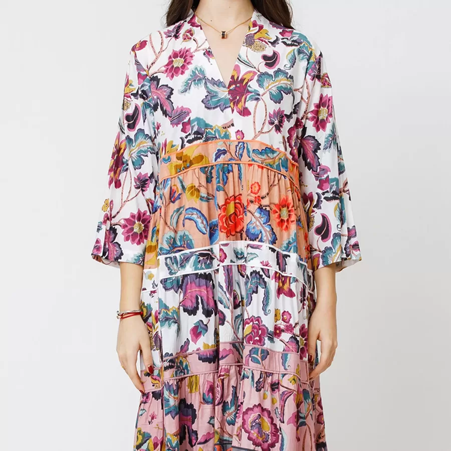 Zircon - Floral Cotton Multicolor Tiered Dress - Image 2