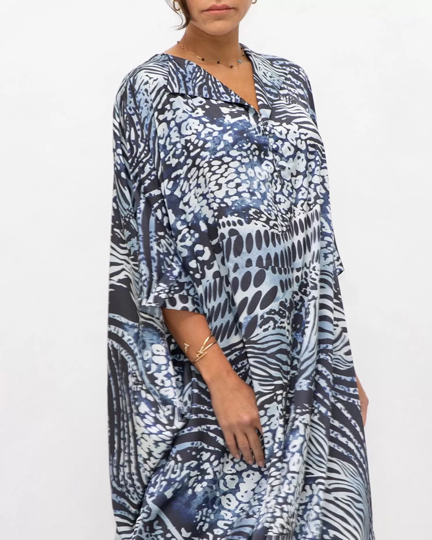 Silk Kaftan - Oversized Kaftan Dress in Animal Print - Navy - Image 2