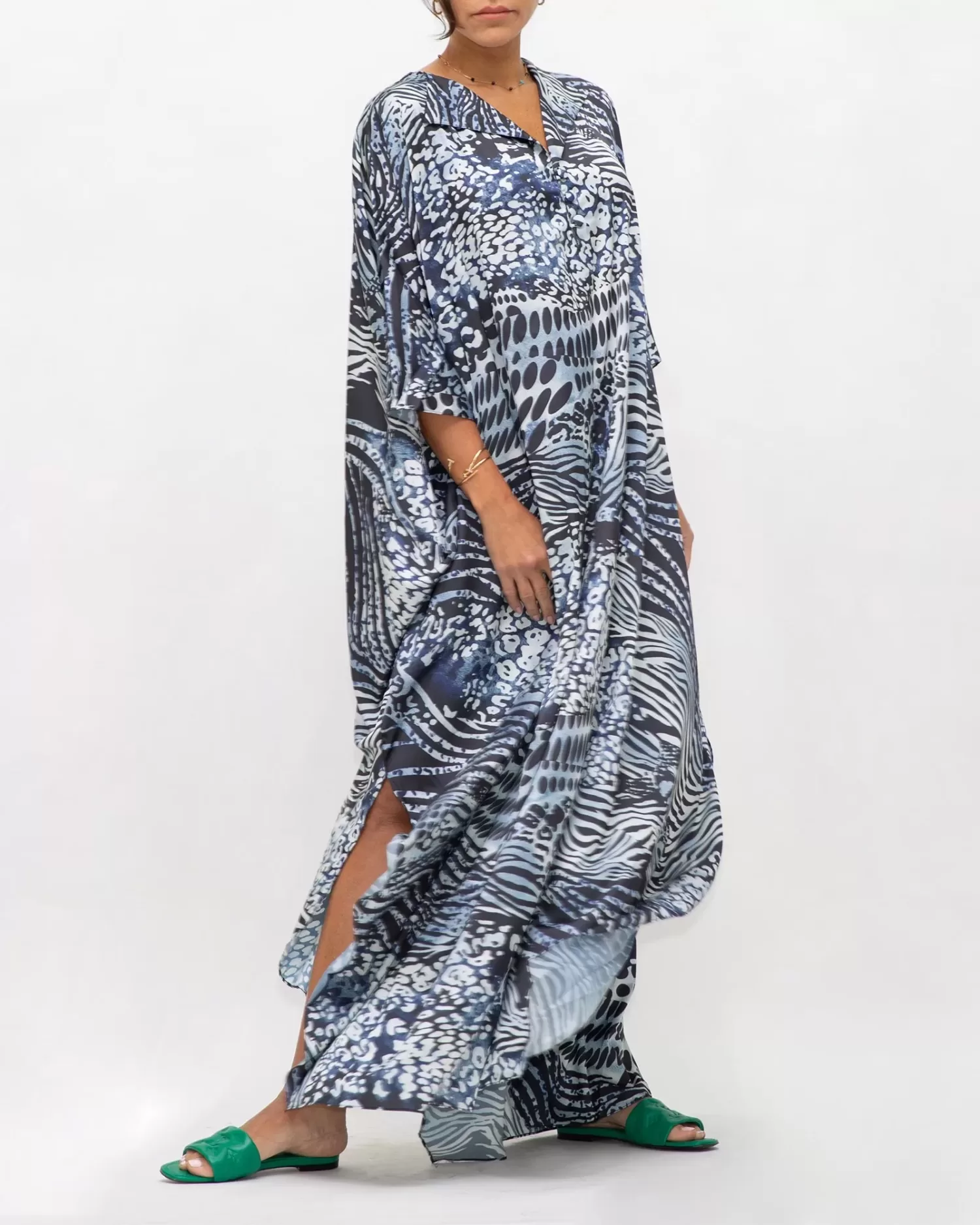 Silk Kaftan - Oversized Kaftan Dress in Animal Print - Navy - Image 1